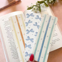 girly vintage styled bookmarks with coquette bows and blue, yellow, sage green color