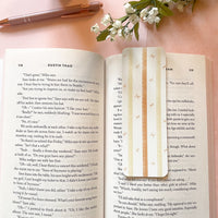 girly vintage styled bookmark with yellow stripes and mini bows for reading romance books for girls, pastel blue coquette and feminine