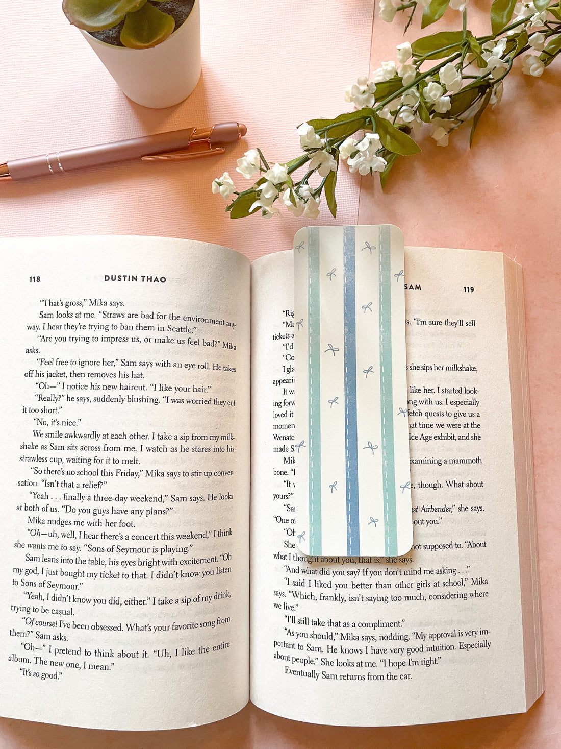 girly vintage styled bookmark with blue and aqua stripes and mini bows for reading romance books for girls, pastel blue coquette and feminine