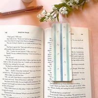 girly vintage styled bookmark with blue and aqua stripes and mini bows for reading romance books for girls, pastel blue coquette and feminine