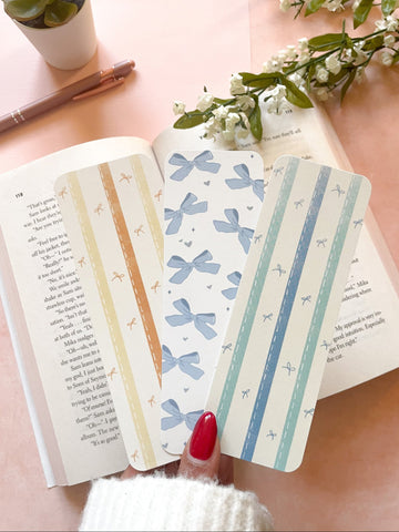 girly vintage styled bookmarks with coquette bows and blue, yellow, sage green color