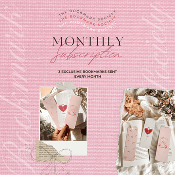 join monthly bookmark club the bookmark society 3 exclusive bookmarks and sticker design in house with a unique theme every month