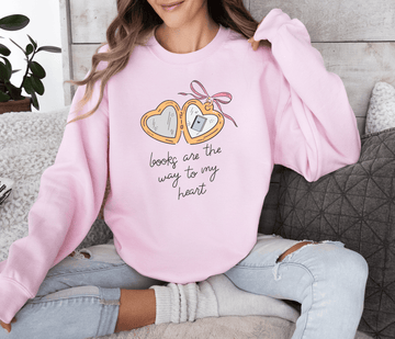 books are the way to my heart light pink crewneck, heart locket sweatshirt, oversized crewneck book merch, cute book sweater