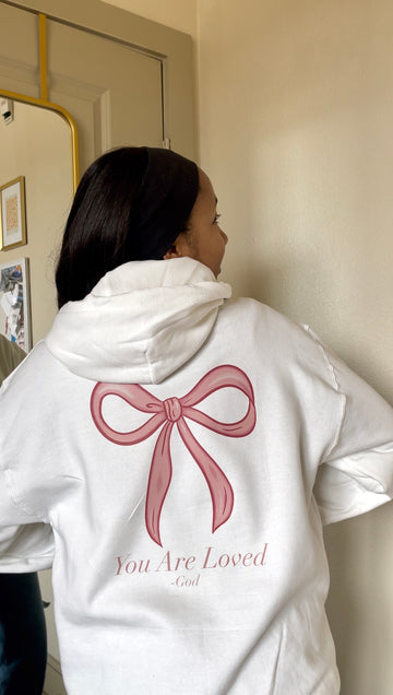 jasmithdesigns you are love bow hoodie, cute white bow hoodie, christian apparel hoodie