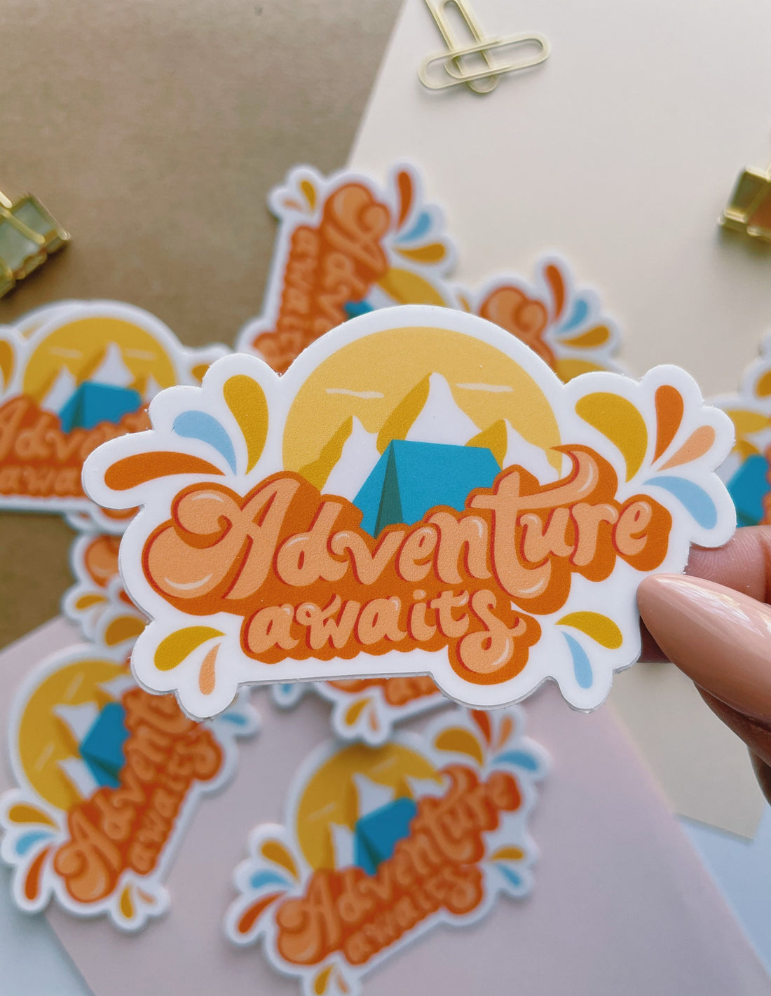 Adventure awaits camping sticker. Matte sticker. Orange and blue camping sticker