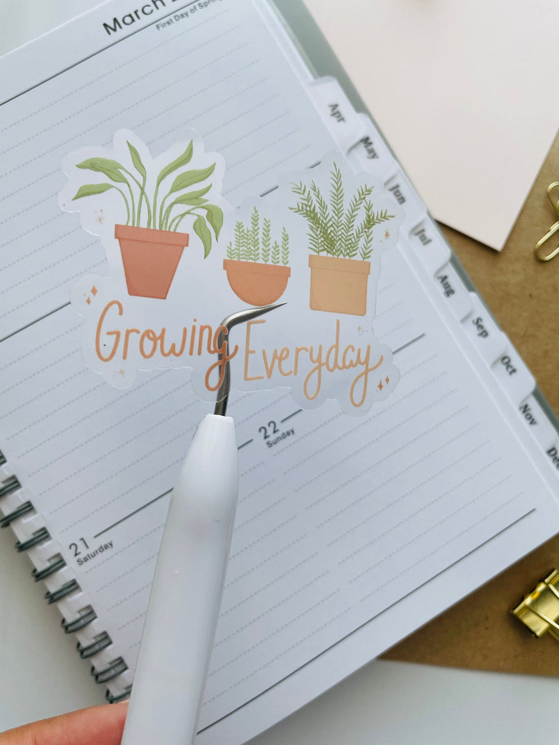 growing everyday potted plants clear sticker. 3 potted plants lined up with the phrase "growing everyday" below it written in hand lettered font