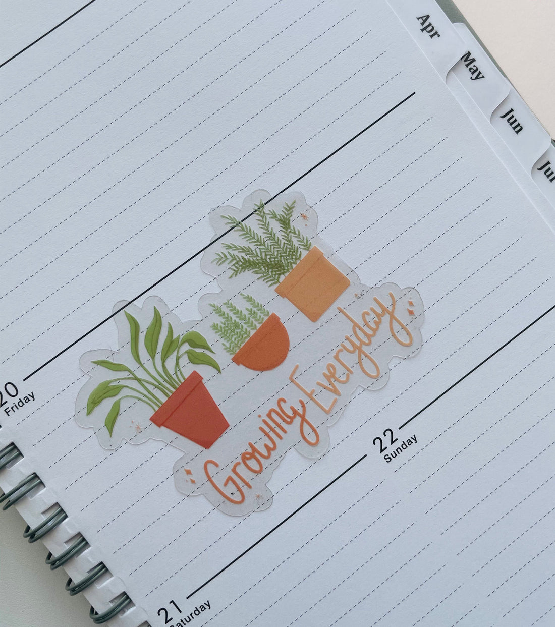 growing everyday potted plants clear sticker. 3 potted plants lined up with the phrase "growing everyday" below it written in hand lettered font