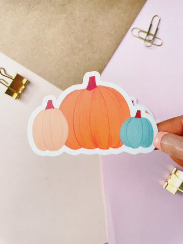 3 pumpkins in one vinyl sticker, one large orange pumpkin in the middle, one medium size cream pumpkin on the left, and one small teal pumpkin on the right
