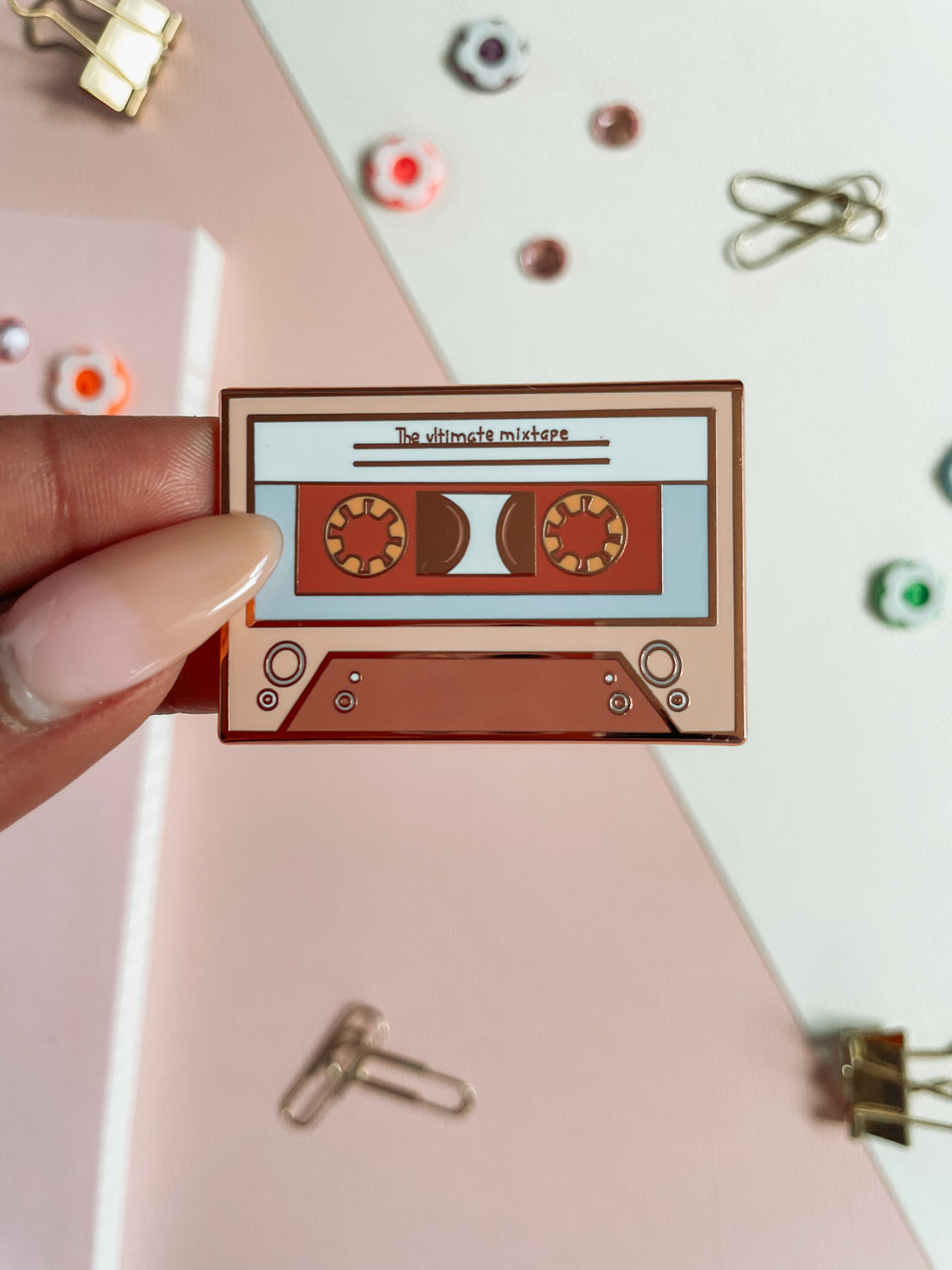 the 90s ultimate mixtape rose gold enamel pin, cute pins for backapack